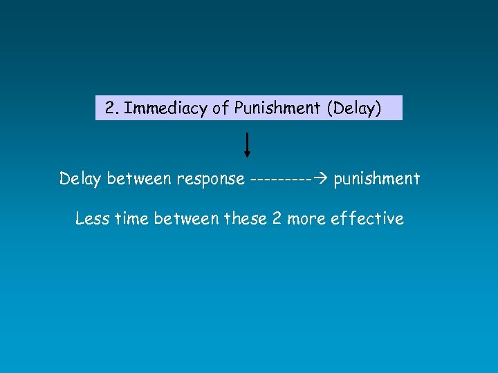  2. Immediacy of Punishment (Delay) Delay between response ----- punishment Less time between