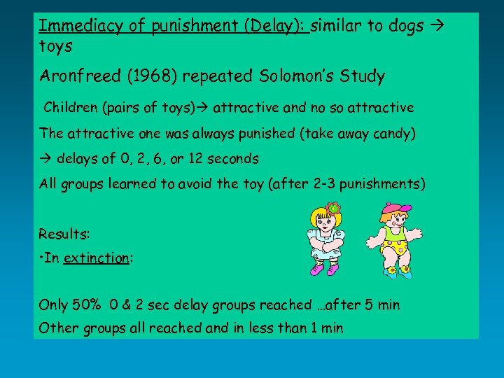 Immediacy of punishment (Delay): similar to dogs toys Aronfreed (1968) repeated Solomon’s Study Children