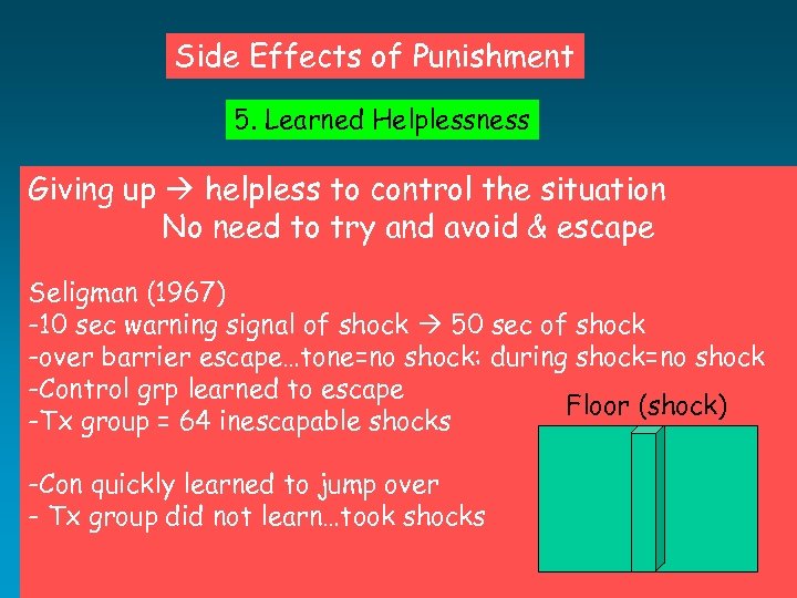 Side Effects of Punishment 5. Learned Helplessness Giving up helpless to control the situation