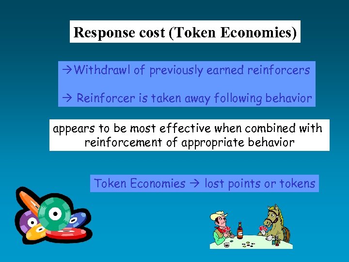 Response cost (Token Economies) Withdrawl of previously earned reinforcers Reinforcer is taken away following