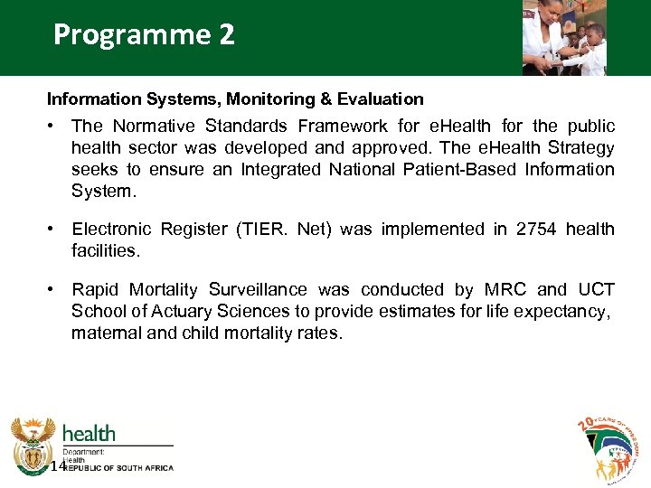 Programme 2 Information Systems, Monitoring & Evaluation • The Normative Standards Framework for e.