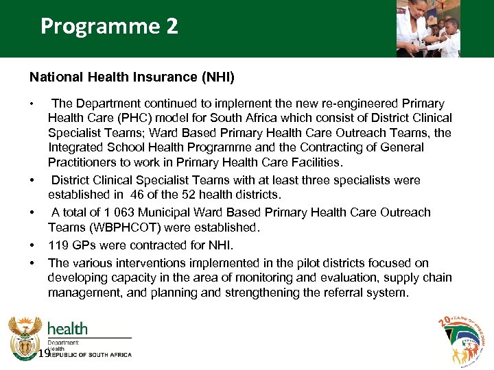 Programme 2 National Health Insurance (NHI) • • • The Department continued to implement