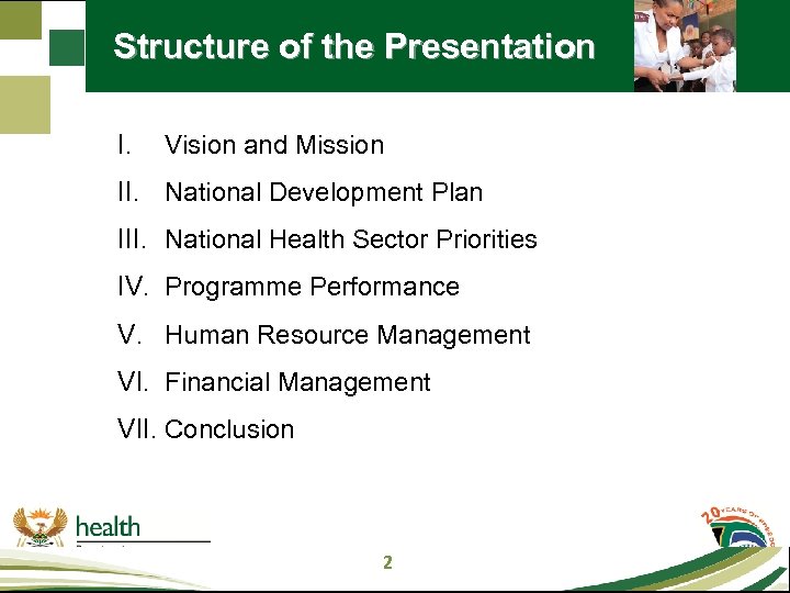 Structure of the Presentation I. Vision and Mission II. National Development Plan III. National