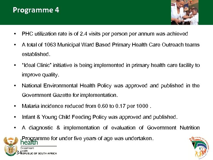 Programme 4 • PHC utilization rate is of 2. 4 visits person per annum