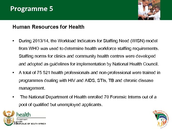 Programme 5 Human Resources for Health • During 2013/14, the Workload Indicators for Staffing