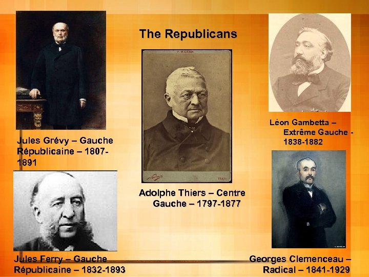 The Republicans Léon Gambetta – Extrême Gauche 1838 -1882 Jules Grévy – Gauche Républicaine