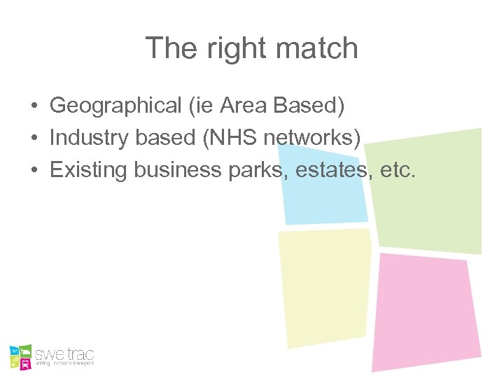The right match • Geographical (ie Area Based) • Industry based (NHS networks) •