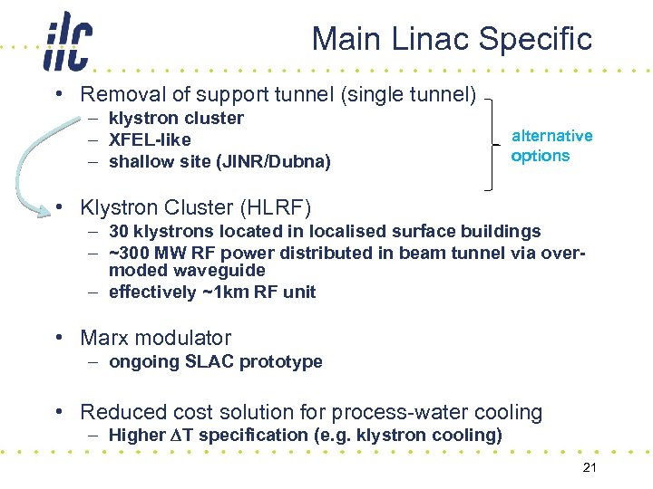 Main Linac Specific • Removal of support tunnel (single tunnel) – klystron cluster –