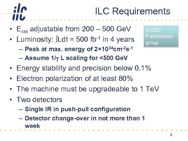 ILC Requirements • Ecm adjustable from 200 – 500 Ge. V • Luminosity: ∫Ldt
