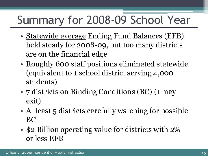 Summary for 2008 -09 School Year • Statewide average Ending Fund Balances (EFB) held
