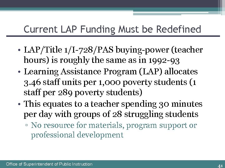 Current LAP Funding Must be Redefined • LAP/Title 1/I-728/PAS buying-power (teacher hours) is roughly