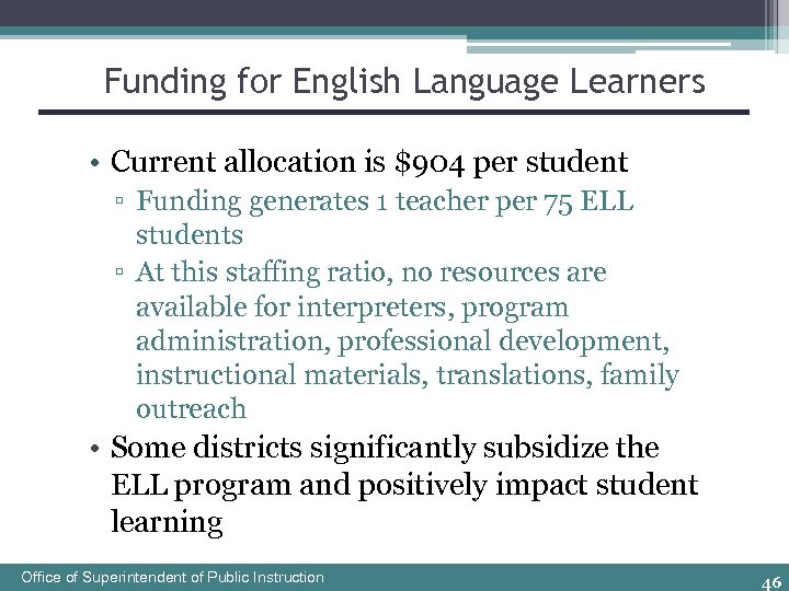Funding for English Language Learners • Current allocation is $904 per student ▫ Funding