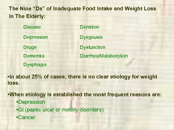 The Nine “Ds” of Inadequate Food Intake and Weight Loss In The Elderly: Disease