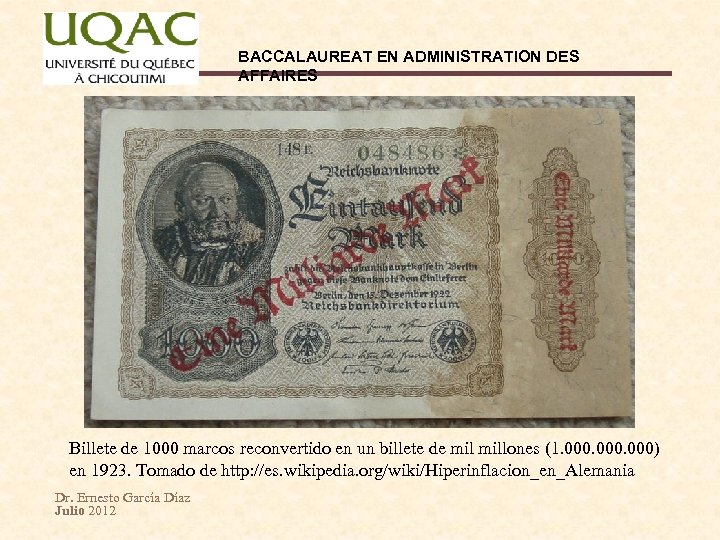 BACCALAUREAT EN ADMINISTRATION DES AFFAIRES Billete de 1000 marcos reconvertido en un billete de