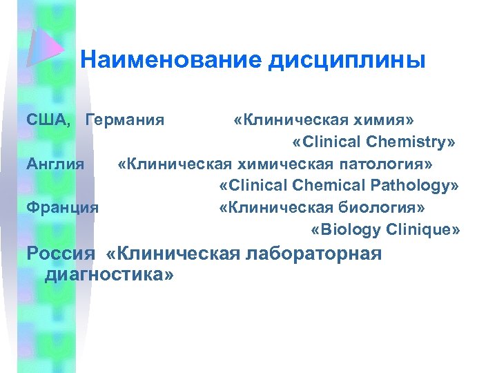 Наименование дисциплины США, Германия Англия Франция «Клиническая химия» «Clinical Chemistry» «Клиническая химическая патология» «Clinical