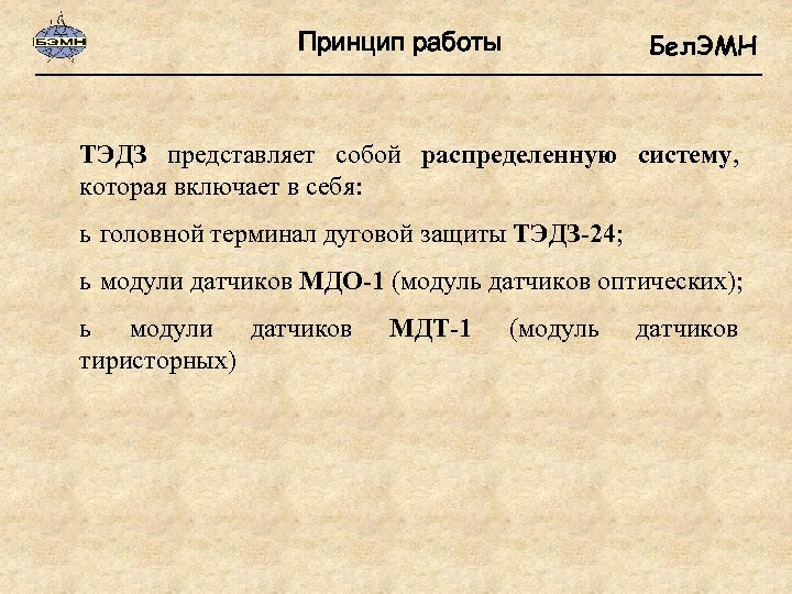 Принцип работы Бел. ЭМН ТЭДЗ представляет собой распределенную систему, которая включает в себя: ь