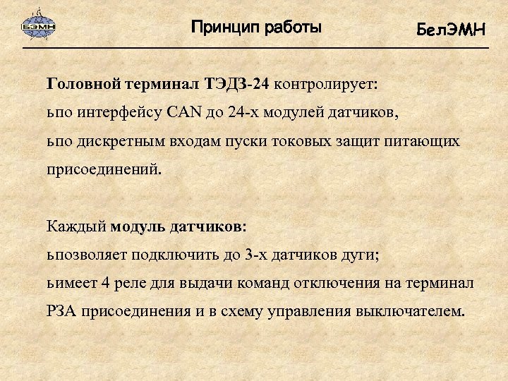 Принцип работы Бел. ЭМН Головной терминал ТЭДЗ-24 контролирует: ь по интерфейсу CAN до 24