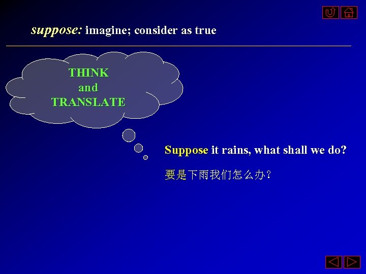 suppose: imagine; consider as true THINK and TRANSLATE Suppose it rains, what shall we