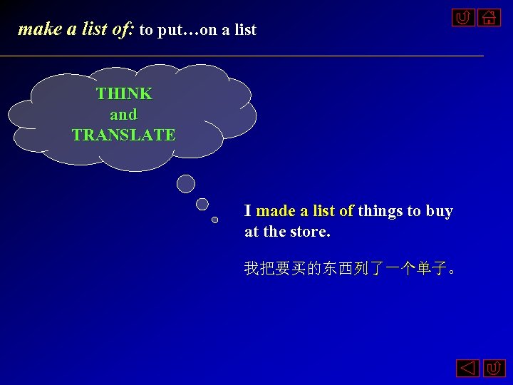 make a list of: to put…on a list THINK and TRANSLATE I made a