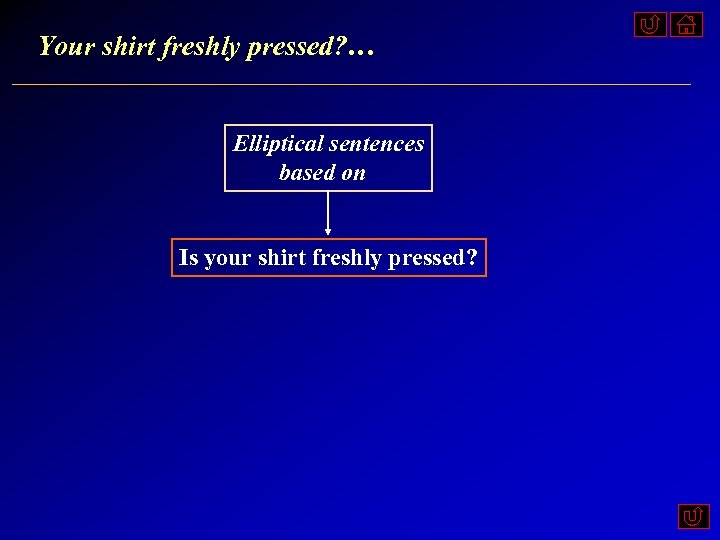 Your shirt freshly pressed? … Elliptical sentences based on Is your shirt freshly pressed?
