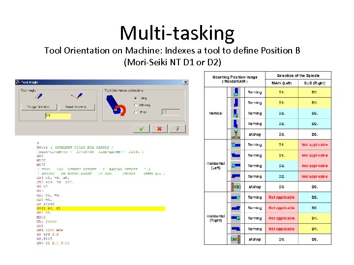 Multi-tasking Tool Orientation on Machine: Indexes a tool to define Position B (Mori-Seiki NT