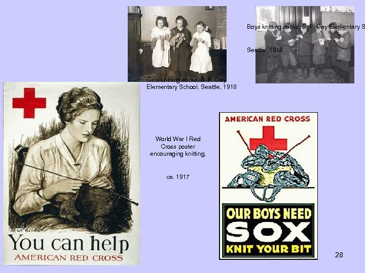Boys knitting socks, B. F. Day Elementary S Seattle, 1918 Girls knitting socks, B.