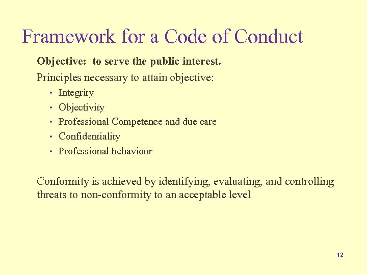 Framework for a Code of Conduct Objective: to serve the public interest. Principles necessary