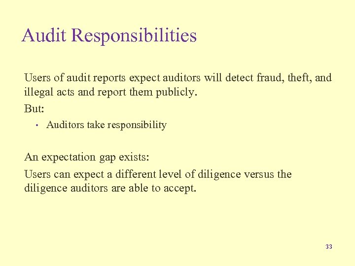 Audit Responsibilities Users of audit reports expect auditors will detect fraud, theft, and illegal