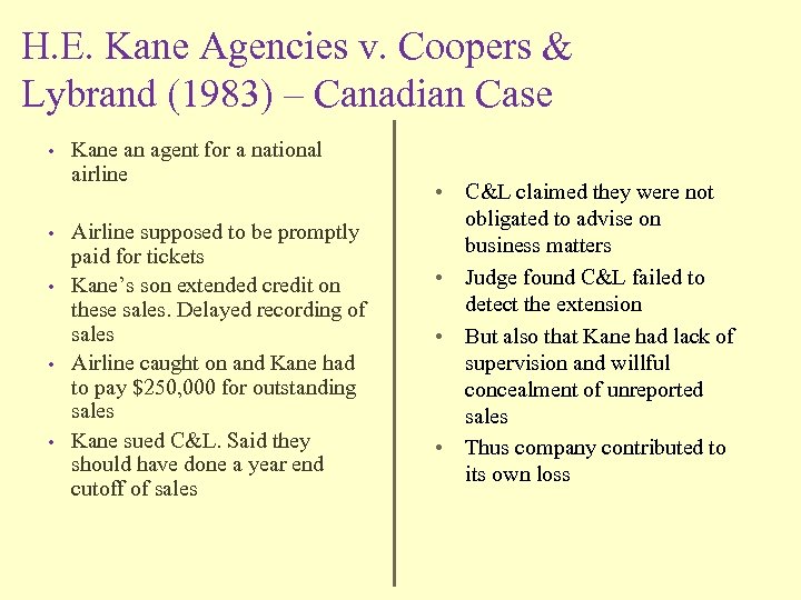 H. E. Kane Agencies v. Coopers & Lybrand (1983) – Canadian Case • •