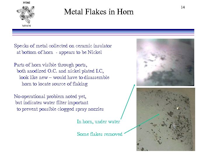 NUMI Metal Flakes in Horn Specks of metal collected on ceramic insulator at bottom