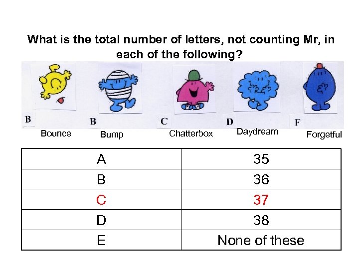 What is the total number of letters, not counting Mr, in each of the