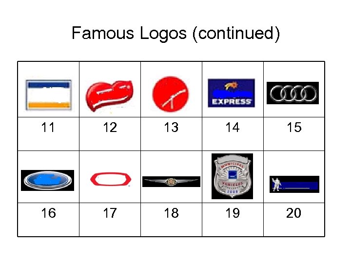 Famous Logos (continued) 11 12 13 14 15 16 17 18 19 20 