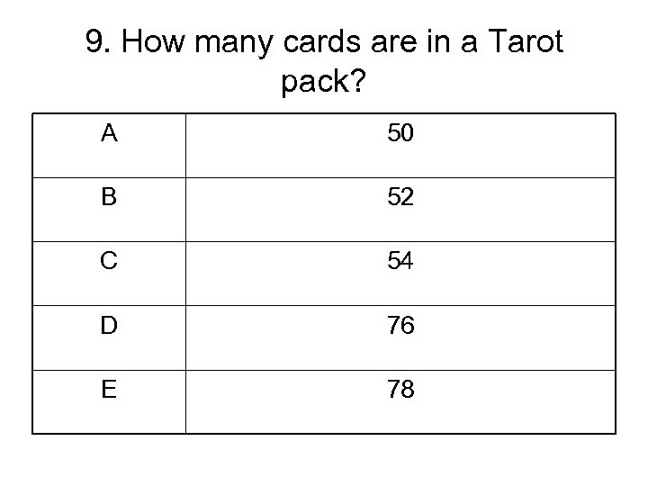 9. How many cards are in a Tarot pack? A 50 B 52 C