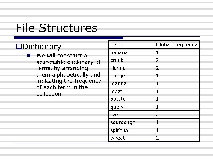 File Structures o. Dictionary n We will construct a searchable dictionary of terms by