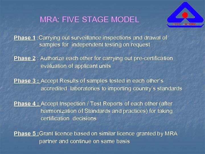 MRA: FIVE STAGE MODEL Phase 1 : Carrying out surveillance inspections and drawal of