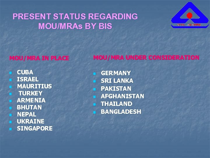 PRESENT STATUS REGARDING MOU/MRAs BY BIS MOU/MRA IN PLACE n n n n n
