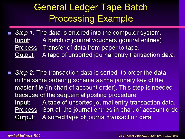 General Ledger Tape Batch Processing Example n Step 1: The data is entered into