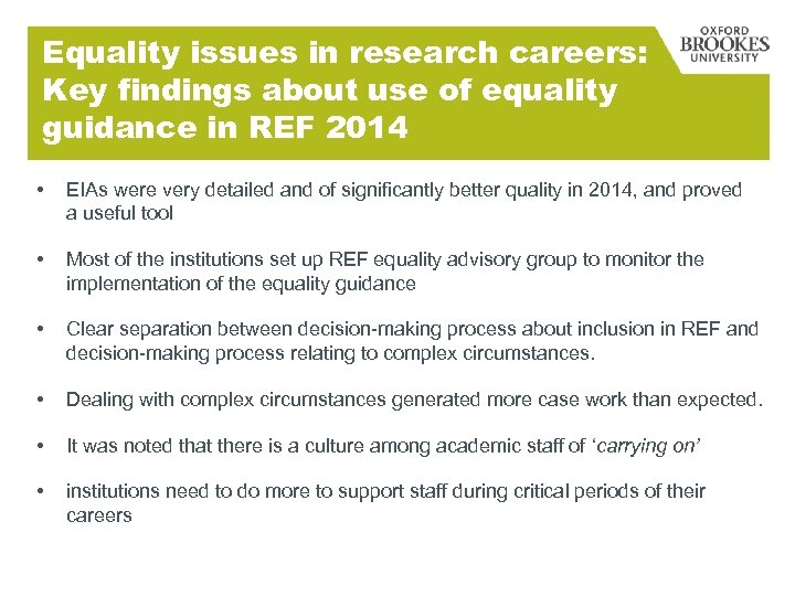 Equality issues in research careers: Key findings about use of equality guidance in REF