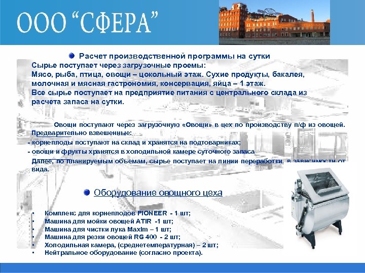Расчет производственной программы на сутки Сырье поступает через загрузочные проемы: Мясо, рыба, птица, овощи