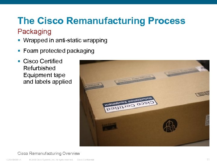 The Cisco Remanufacturing Process Packaging § Wrapped in anti-static wrapping § Foam protected packaging