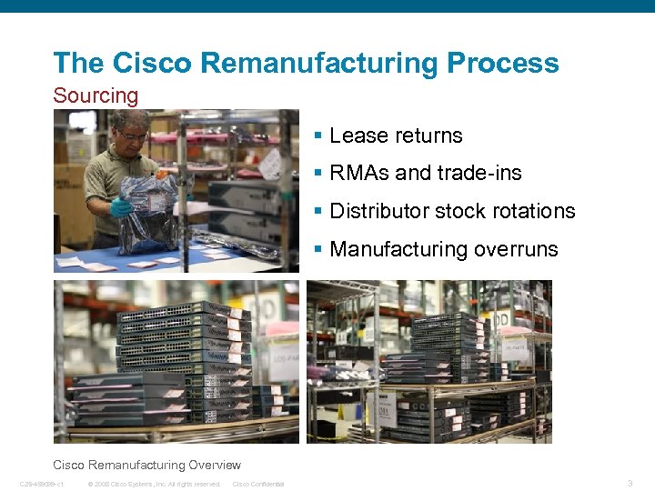 The Cisco Remanufacturing Process Sourcing § Lease returns § RMAs and trade-ins § Distributor