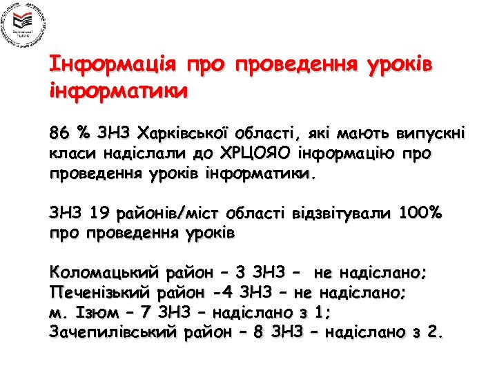 Інформація проведення уроків інформатики 86 % ЗНЗ Харківської області, які мають випускні класи надіслали