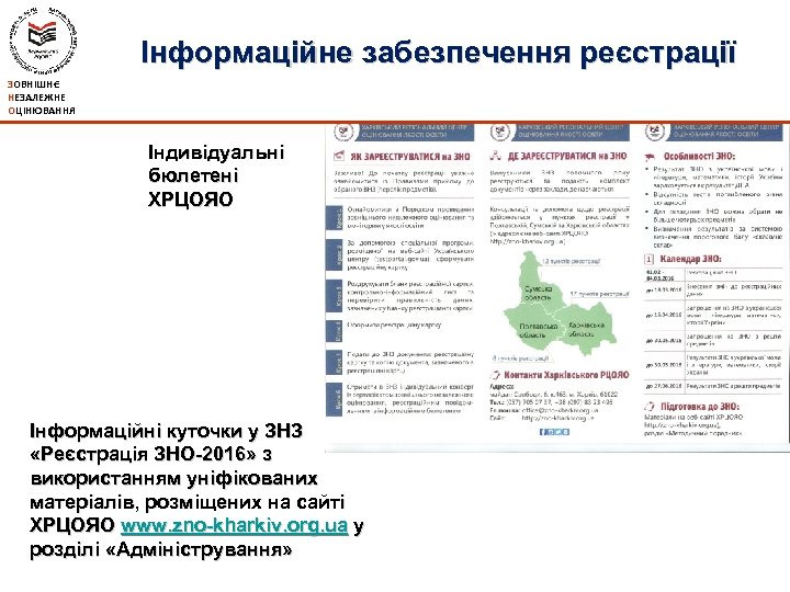 Інформаційне забезпечення реєстрації ЗОВНІШНЄ НЕЗАЛЕЖНЕ ОЦІНЮВАННЯ Індивідуальні бюлетені ХРЦОЯО Інформаційні куточки у ЗНЗ «Реєстрація