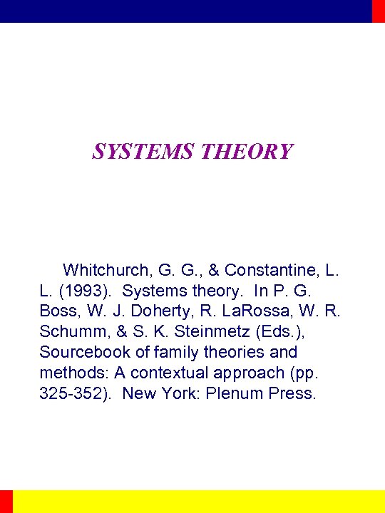SYSTEMS THEORY Whitchurch, G. G. , & Constantine, L. L. (1993). Systems theory. In