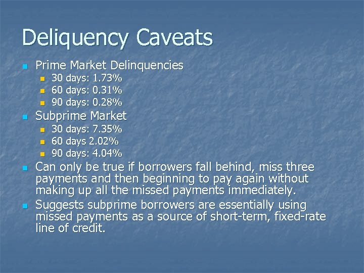 Deliquency Caveats n Prime Market Delinquencies n n Subprime Market n n n 30