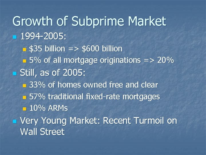 Growth of Subprime Market n 1994 -2005: $35 billion => $600 billion n 5%