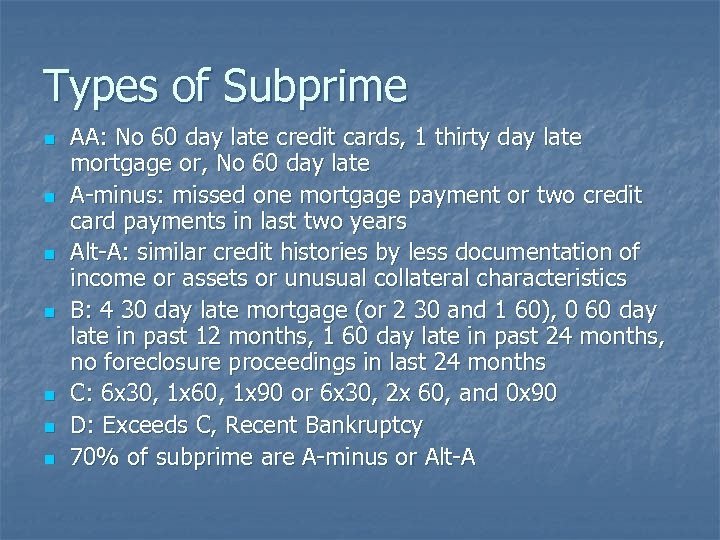 Types of Subprime n n n n AA: No 60 day late credit cards,