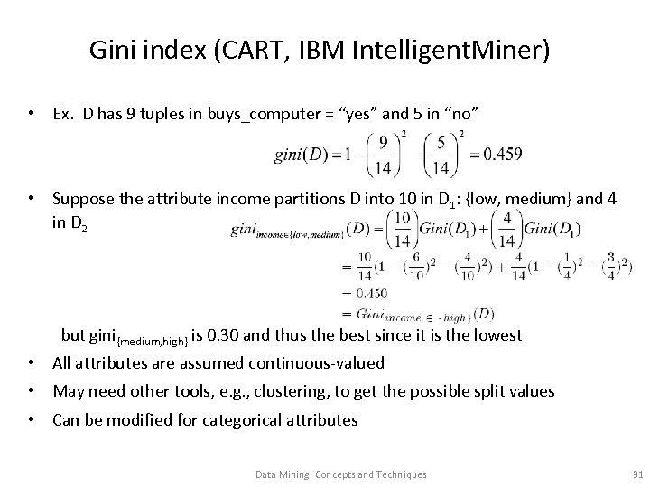 Gini index (CART, IBM Intelligent. Miner) • Ex. D has 9 tuples in buys_computer