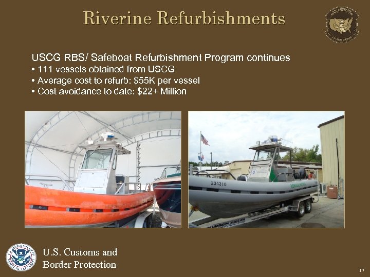 Riverine Refurbishments USCG RBS/ Safeboat Refurbishment Program continues • 111 vessels obtained from USCG