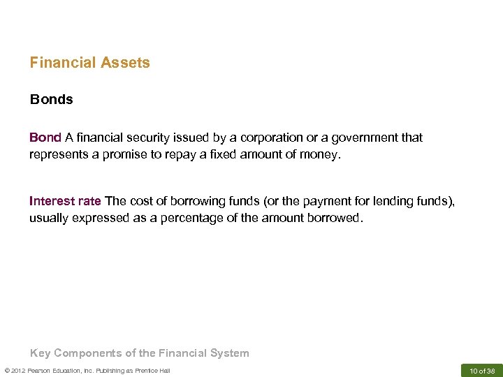 Financial Assets Bond A financial security issued by a corporation or a government that